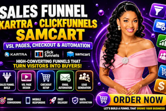 design samcart sales funnel, kartra, clicksfunnels, vsl pages, checkout setup