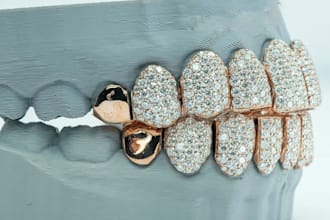 custom 3d grillz, diamond teeth, iced out gold grill cad for casting or printing