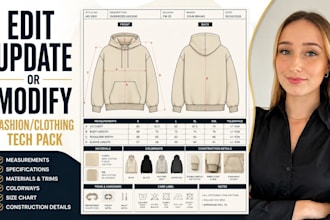 edit, update, or modify fashion tech pack and clothing tech pack for production