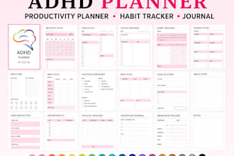 design adhd productivity planner, habit tracker and journal