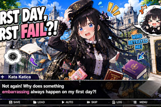design comedy visual novel for v tuber, wallpaper, ui or cgs book cover novel