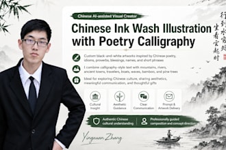 create chinese ink wash illustration with poetry calligraphy