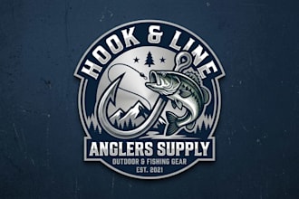 design a professional fishing hook logo for fishing and outdoor brands