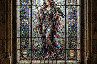 design stained glass art, mosaic window, art nouveau illustration dark fantasy