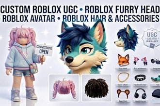 create custom roblox ugc accessories, roblox furry head, roblox avatar, hair