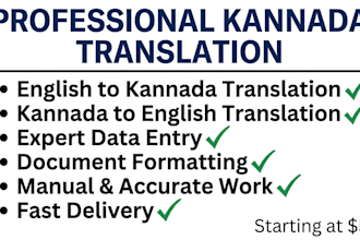 provide professional english to kannada translation and data entry services