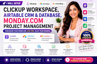 setup clickup workspace airtable crm database, monday com project management