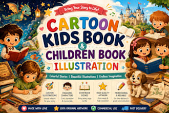 create high quality cartoon kids book and children book illustration