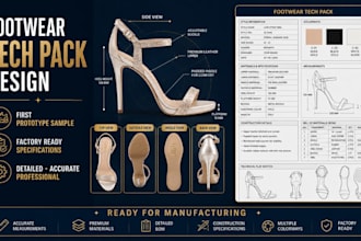 make and size grade shoe tech packs, heels, flat, boots sketch and tech packs