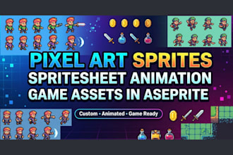 design pixel art sprite, spritesheet animation and game assets in aseprite
