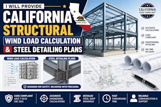 provide california structural wind load calculation and steel detailing plans