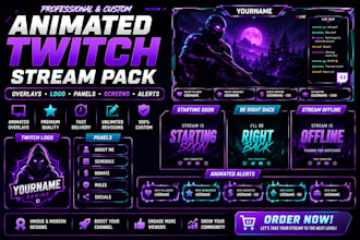 design animated twitch stream overlay pack twitch logo panels screens alerts