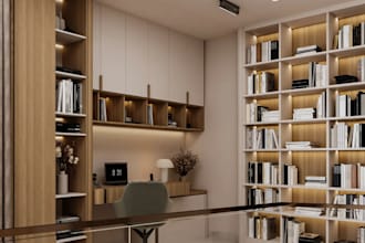 redesign library interior rendering, study area, home office, 2d plan, 3d layout