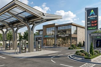 design 3d gas station, fuel station, ev charging station and canopy with renders