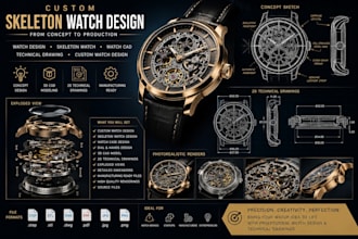 design skeleton watch, custom watch design and technical drawings