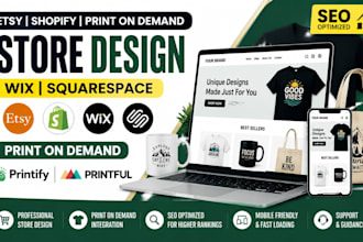 etsy shopify print on demand store wix squarespace design printify printful seo
