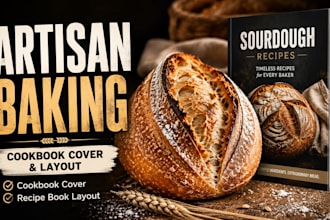 design an artisan baking cookbook cover or sourdough recipe book layout
