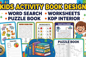 design kids activity workbook, kids worksheet and puzzle book interior for KDP