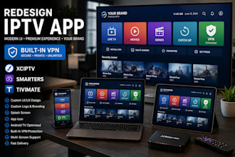 redesign android iptv app with inbuilt VPN, iptv smarters tivimate app xciptv