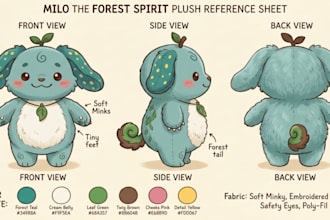 draw a detailed custom character plush reference sheet stuffed toy