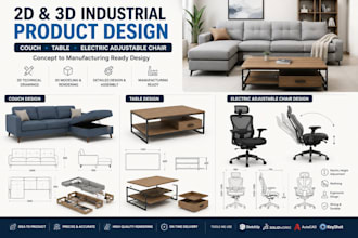 do 2d,3d industrial product design for couch, table, electric adjustable chair