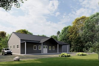 design barndominium and pole barn house plan and floor plan rendering