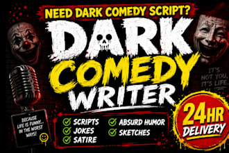 write dark comedy scripts, scenes, jokes and absurd humor content