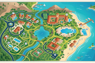design resort map, campground map park map 2d 3d isometric vector map