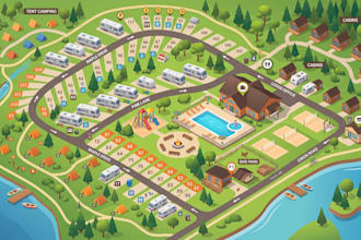 design detailed rv park map, campground site map, resort map and wayfinding map