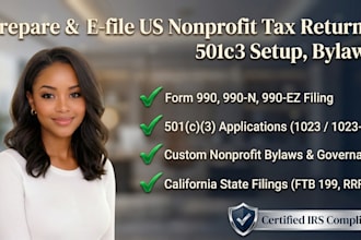 prepare and efile US tax and 501c3 nonprofit tax returns, tax exempt, bylaw