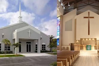 create modern church interior and exterior renovation and layout plans