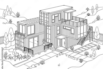 do adu drawings and exterior design with 3d render of house, roof, commercial
