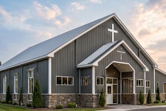 design church barndominium interior and exterior design, floor plan renderings