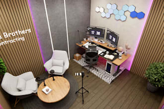 design 3d podcast studio, gaming room, home studio and isometric room