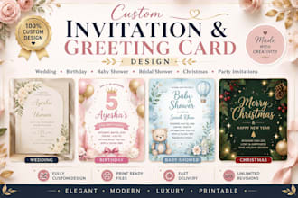design custom greeting cards, wedding invitations, birthday and party invitation