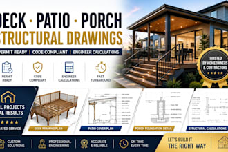 create deck framing plans, patio cover structural drawings and porch foundation