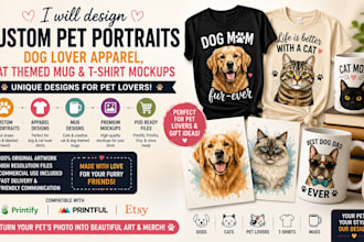 design custom pet portrait dog lover apparel cat themed mug tshirt mockups