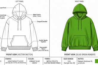do fashion flat sketches and a detailed garment tech pack