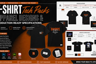 create t shirt tech packs, apparel designs, and production ready specifications