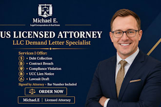 write demand letter for llc debt, breach, and compliance, licensed attorney
