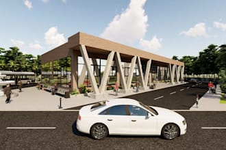 do 3d bus terminal design, transport hub, bus station, 3d fuel station rendering