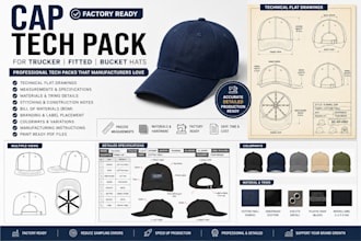 create factory ready cap tech packs for trucker fitted bucket hats