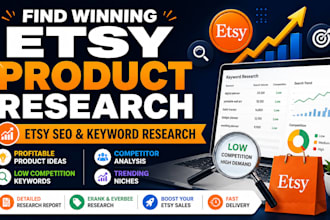 do etsy product research, shop setup, listing and etsy SEO