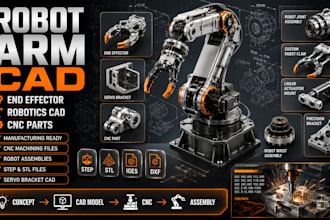 design robot arm cad, end effector, robotics cad, cnc parts, servo bracket