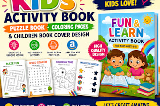 do kids activity book, puzzle book design, coloring pages, children book cover