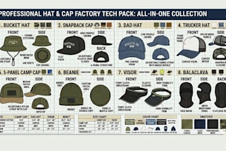 design hat, cap tech pack, trucker, bucket hat with flat sketch and mockup