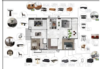create interior design mood board, floor plan and furniture layout