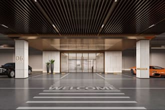 3d modern apartment interior, custom basement design, underground parking render