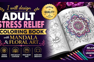 design an adult stress relief coloring book with mandala and floral art