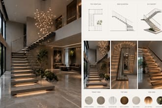 design modern 3d staircase, spiral staircase and handrail render